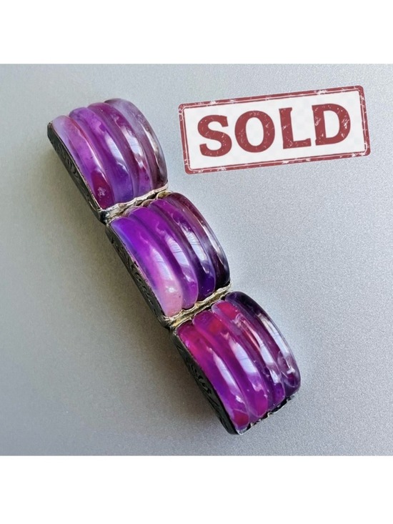 Jewelry - 🎉Sold🎉 Antique Chinese Carved Amethyst Sterling Ribbed Rectangle Pin Brooch
